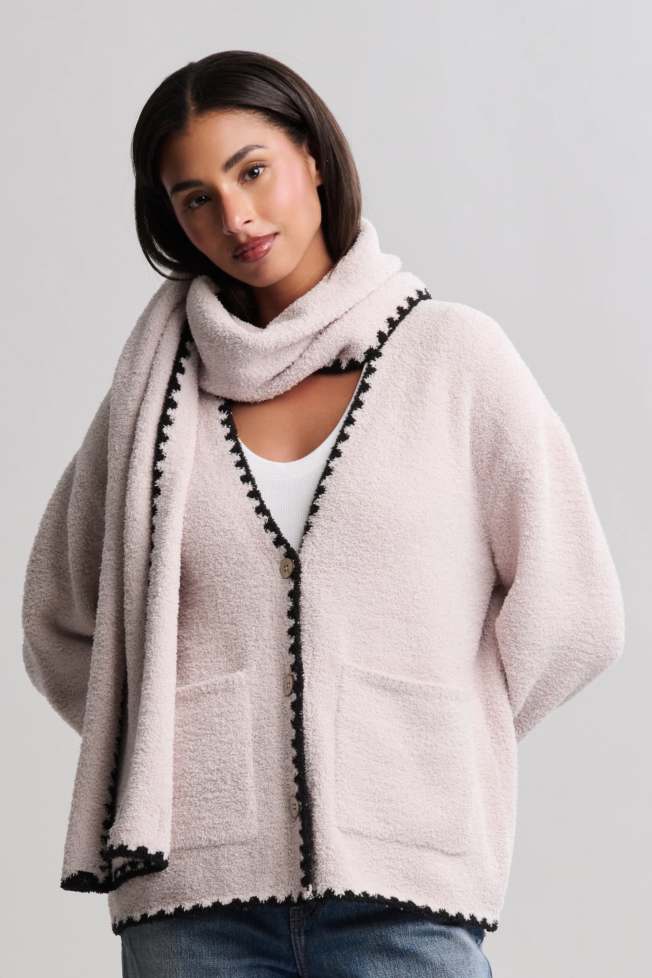 CozyChic® Blanket Stitch Cardigan with Detachable Scarf - Image 11