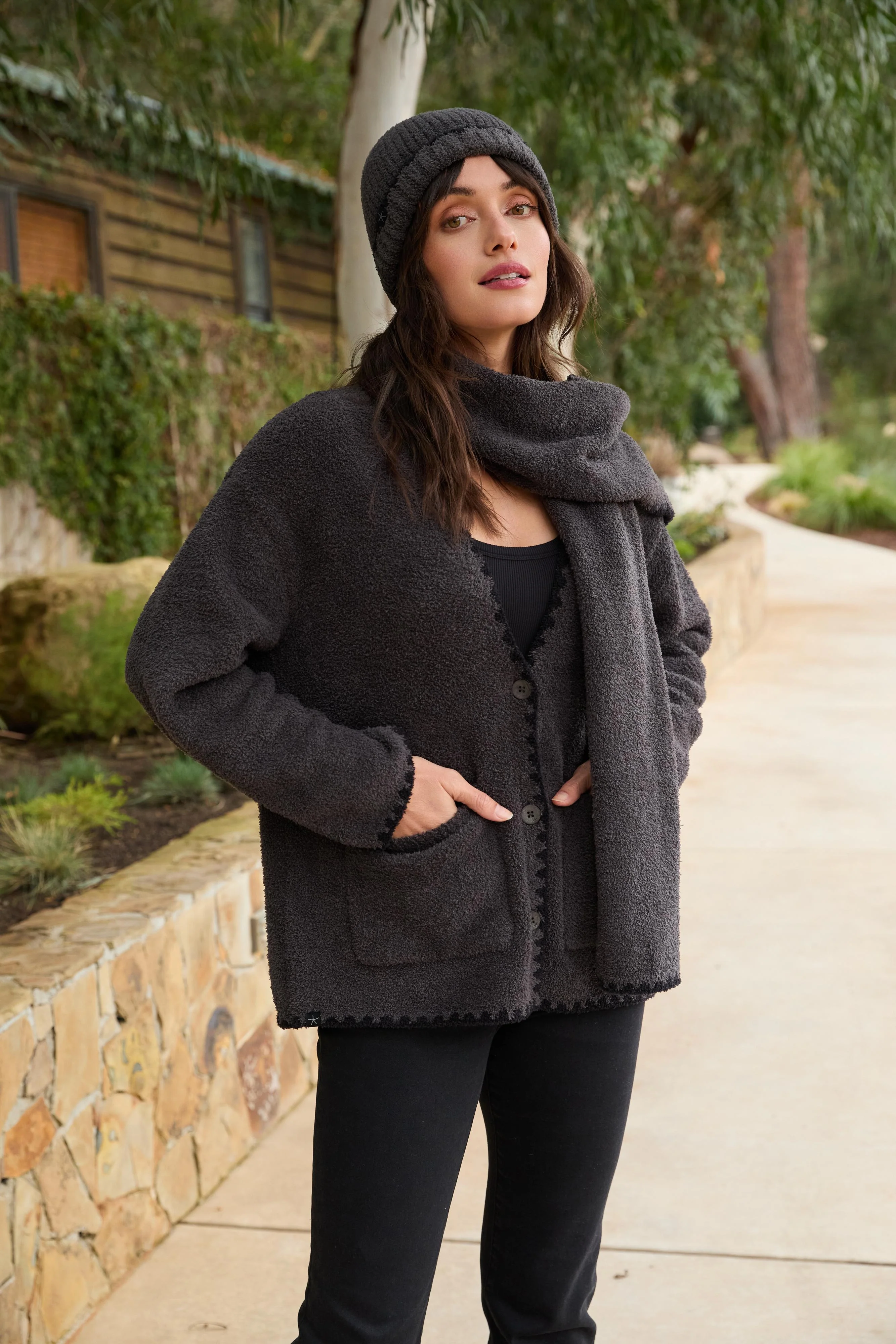 CozyChic® Blanket Stitch Cardigan with Detachable Scarf - Image 14