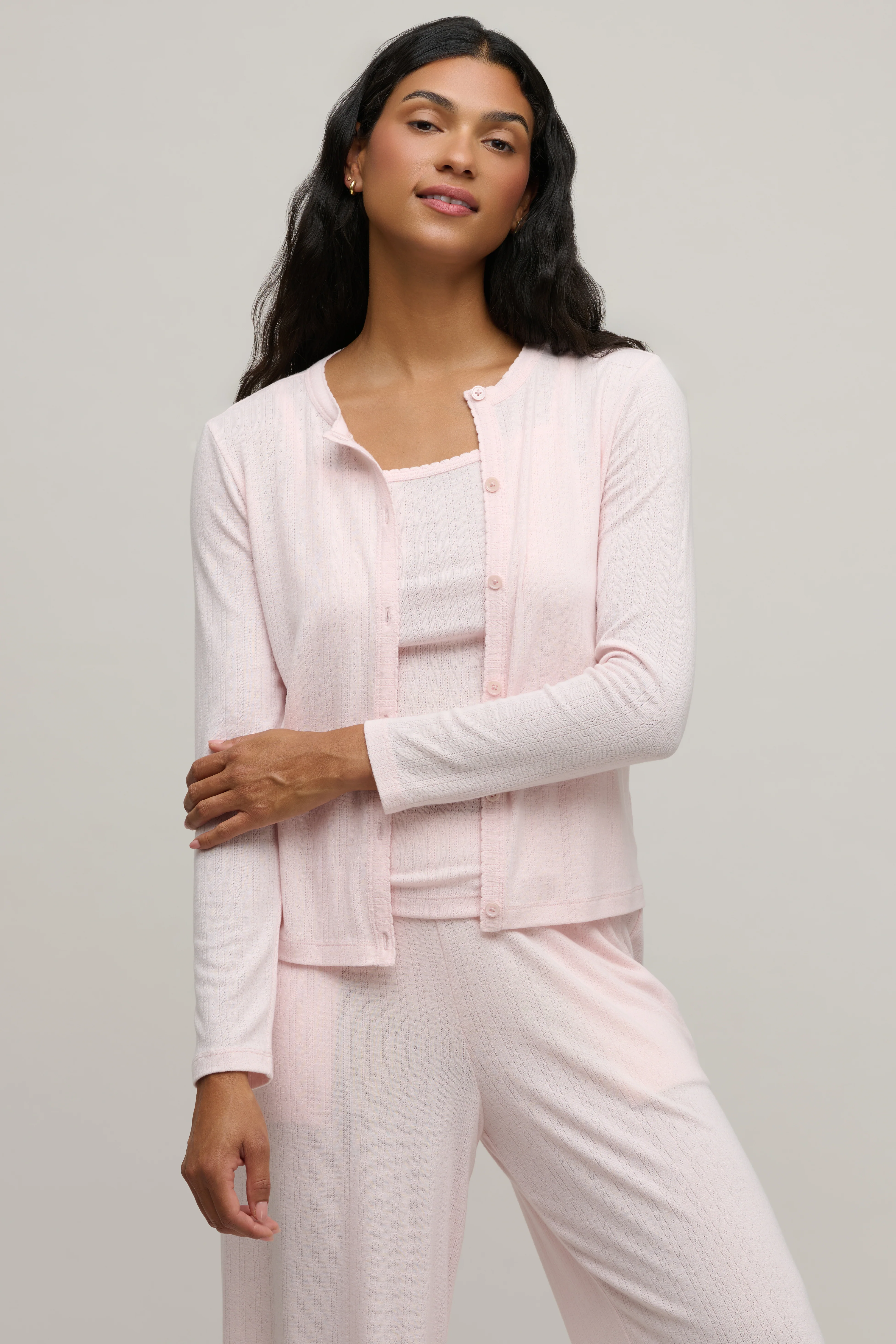 Pointelle Rib Cardigan with Scallop Trim