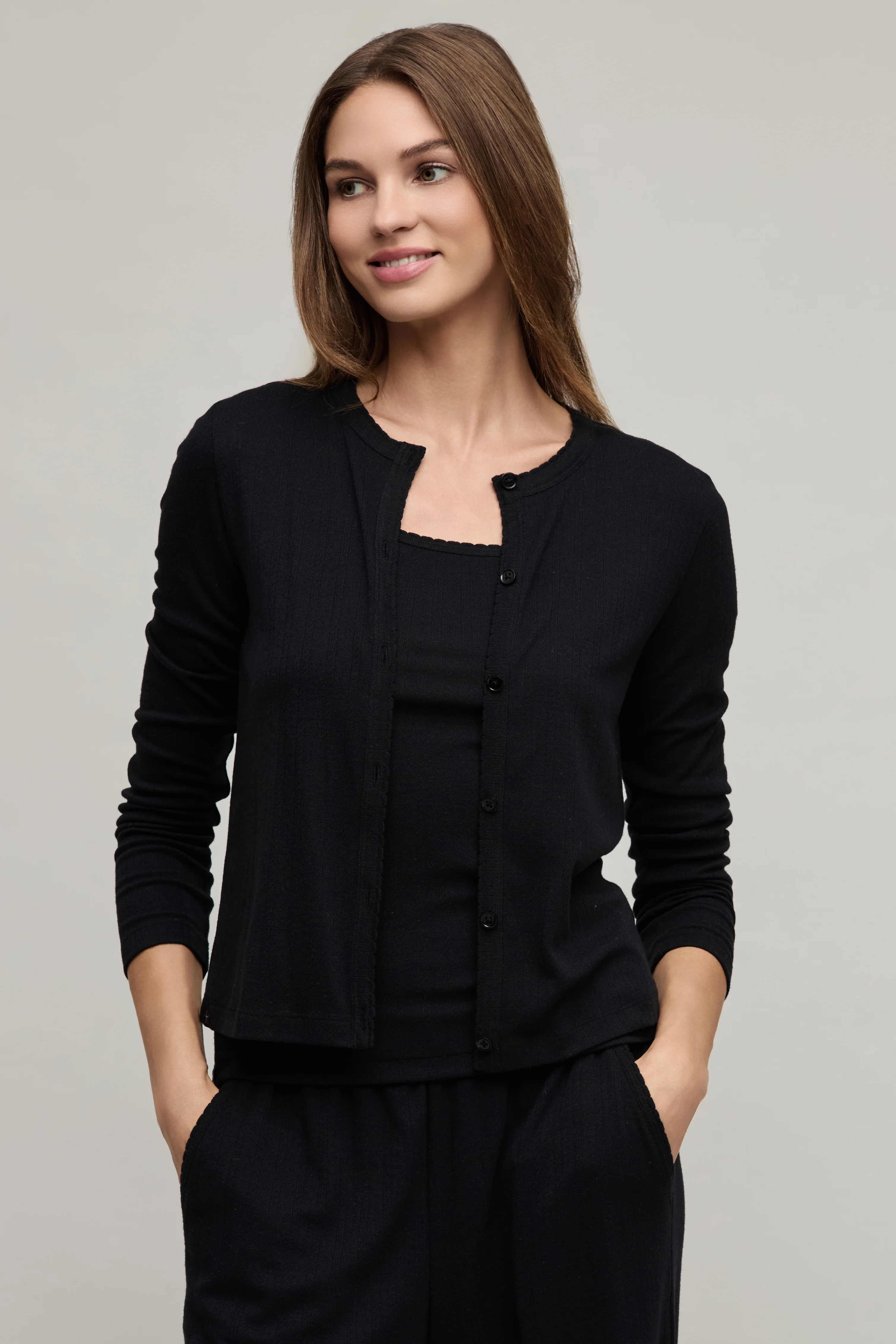 Pointelle Rib Cardigan with Scallop Trim - Image 5